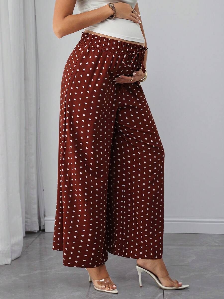 Maternity Polka Dot Straight Leg Pants - Frill Trim, Bow Tie Waist, Pocket, Loose, Rust Brown