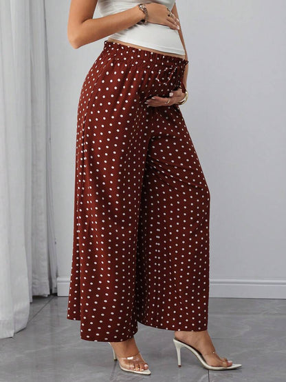 Maternity Polka Dot Straight Leg Pants - Frill Trim, Bow Tie Waist, Pocket, Loose, Rust Brown