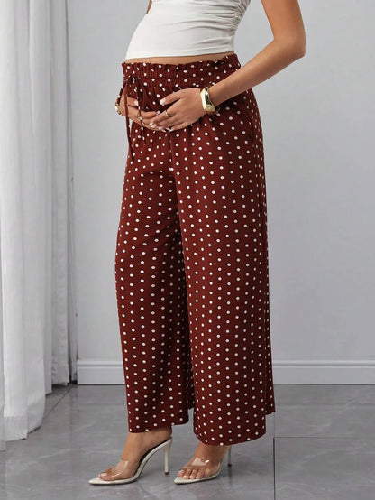 Maternity Polka Dot Straight Leg Pants - Frill Trim, Bow Tie Waist, Pocket, Loose, Rust Brown