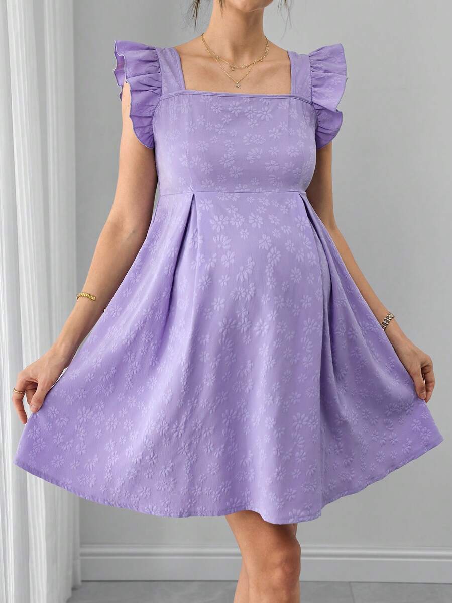 Maternity A-Line Short Dress - Square Neck, Puff Cap Sleeve, Ruffle, Jacquard, Slim Fit, Mauve Purple