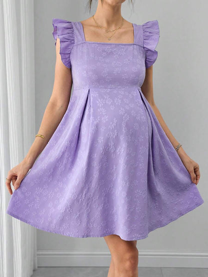 Maternity A-Line Short Dress - Square Neck, Puff Cap Sleeve, Ruffle, Jacquard, Slim Fit, Mauve Purple
