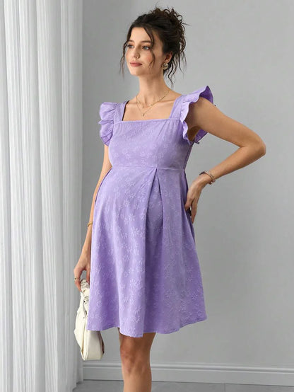 Maternity A-Line Short Dress - Square Neck, Puff Cap Sleeve, Ruffle, Jacquard, Slim Fit, Mauve Purple