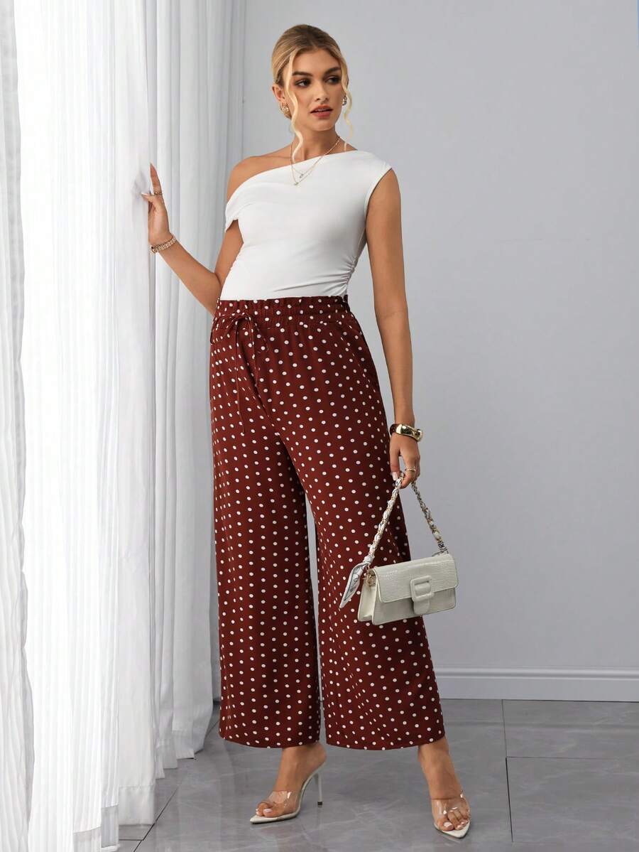 Maternity Polka Dot Straight Leg Pants - Frill Trim, Bow Tie Waist, Pocket, Loose, Rust Brown