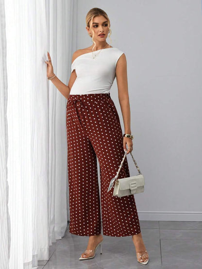 Maternity Polka Dot Straight Leg Pants - Frill Trim, Bow Tie Waist, Pocket, Loose, Rust Brown
