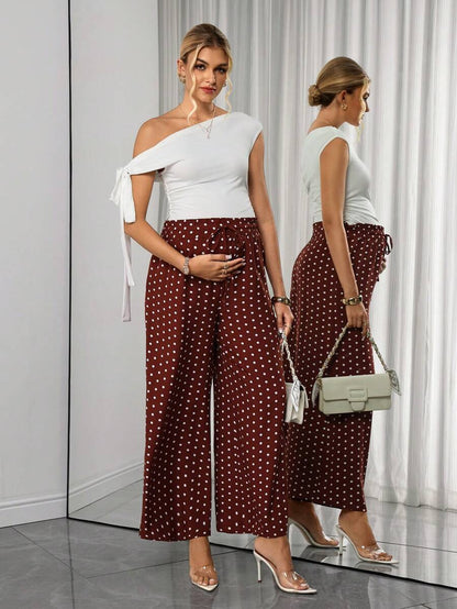 Maternity Polka Dot Straight Leg Pants - Frill Trim, Bow Tie Waist, Pocket, Loose, Rust Brown