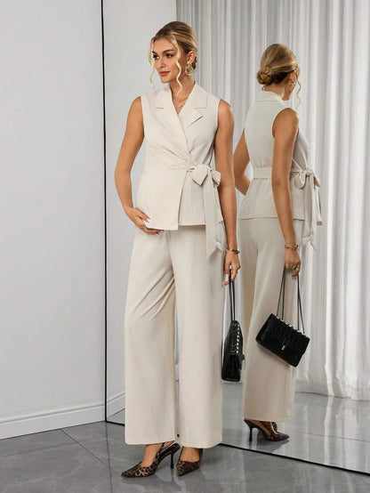 Maternity 2-Piece Set - Sleeveless Lapel Top & Jacquard Straight Pants, Belted, Apricot