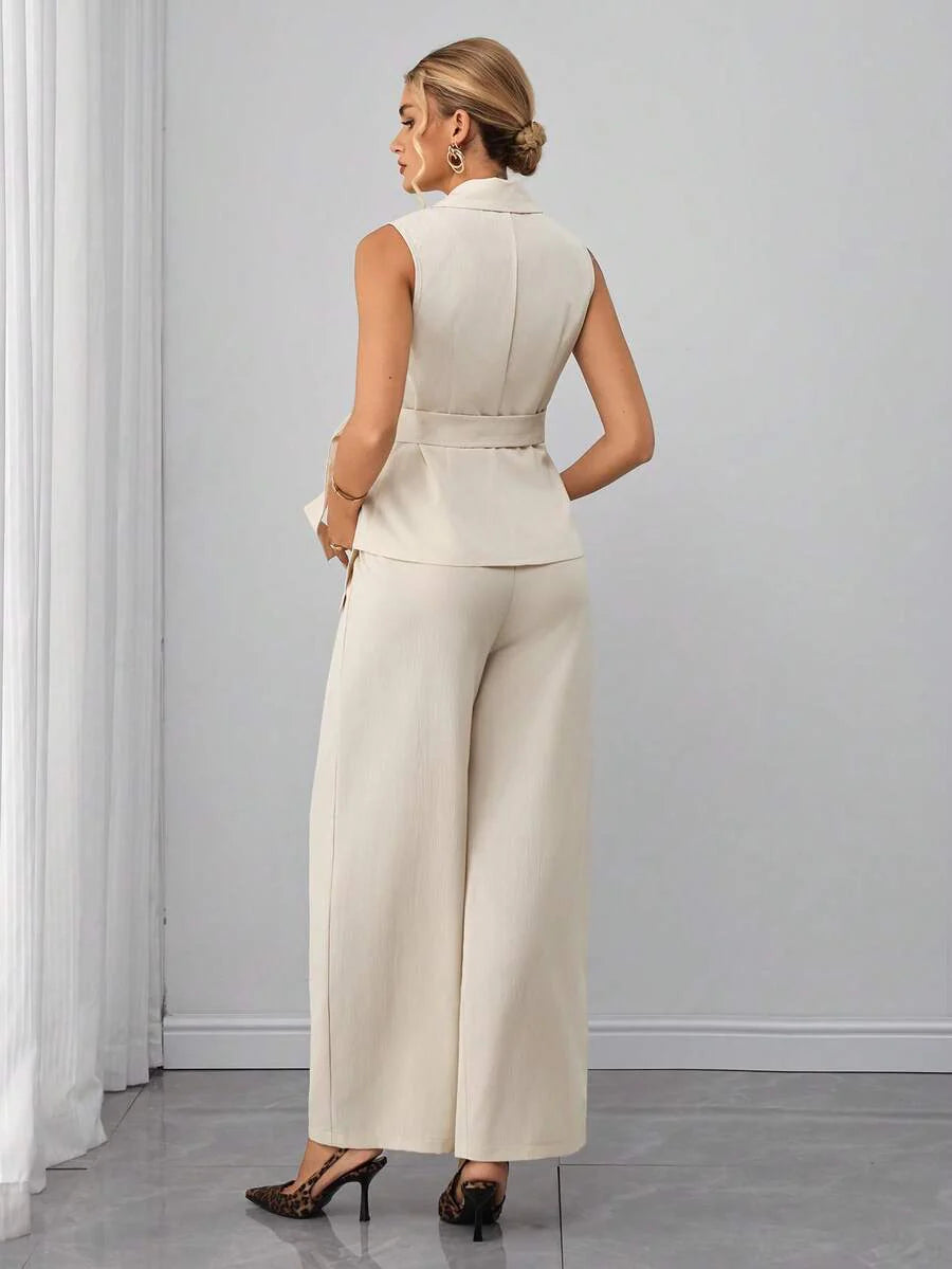 Maternity 2-Piece Set - Sleeveless Lapel Top & Jacquard Straight Pants, Belted, Apricot