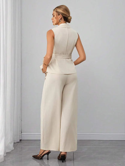 Maternity 2-Piece Set - Sleeveless Lapel Top & Jacquard Straight Pants, Belted, Apricot