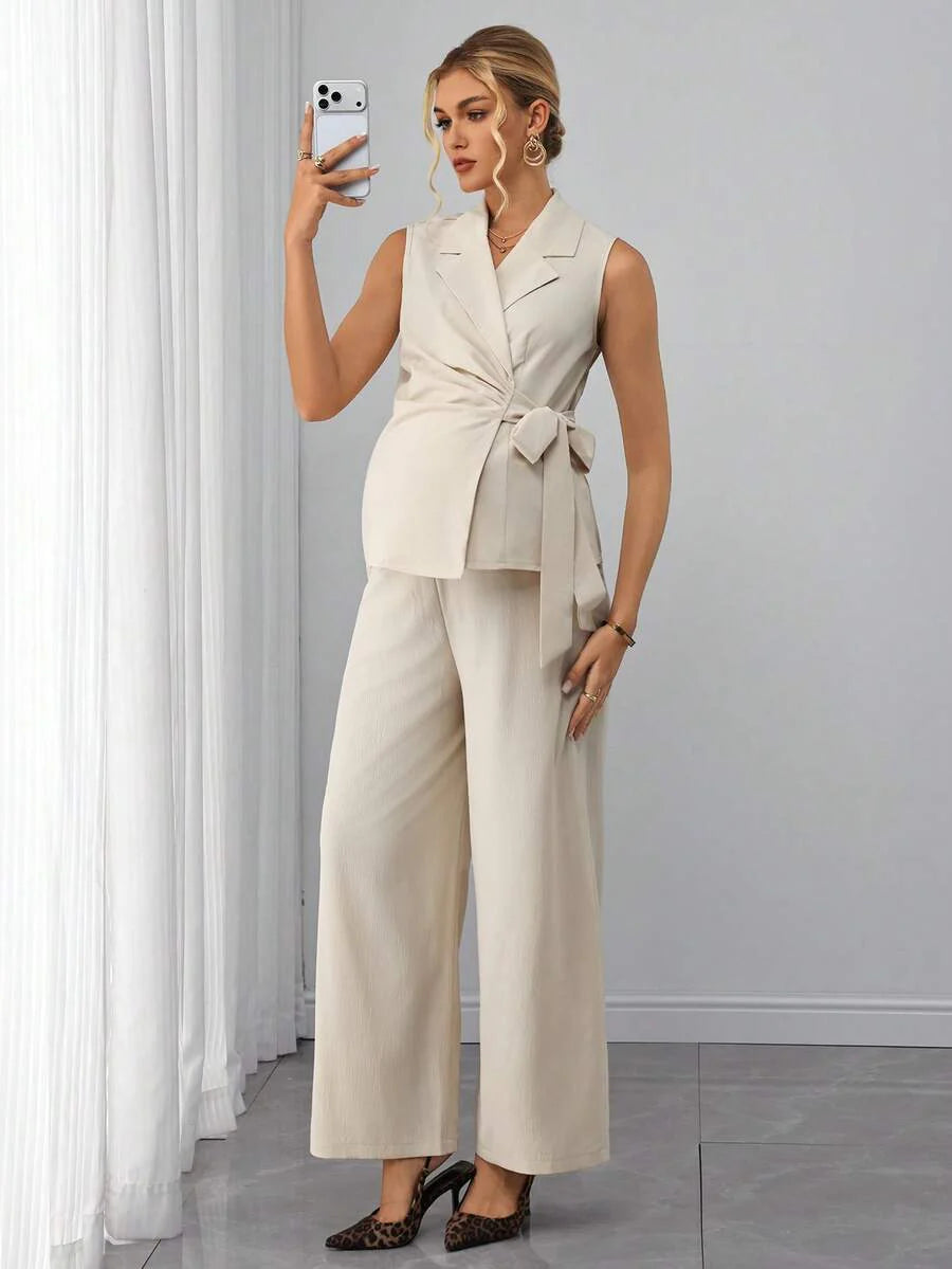 Maternity 2-Piece Set - Sleeveless Lapel Top & Jacquard Straight Pants, Belted, Apricot