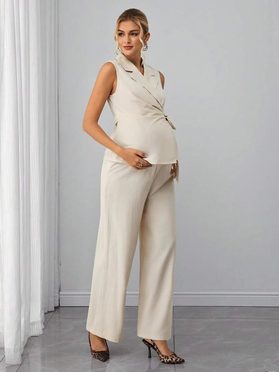 Maternity 2-Piece Set - Sleeveless Lapel Top & Jacquard Straight Pants, Belted, Apricot