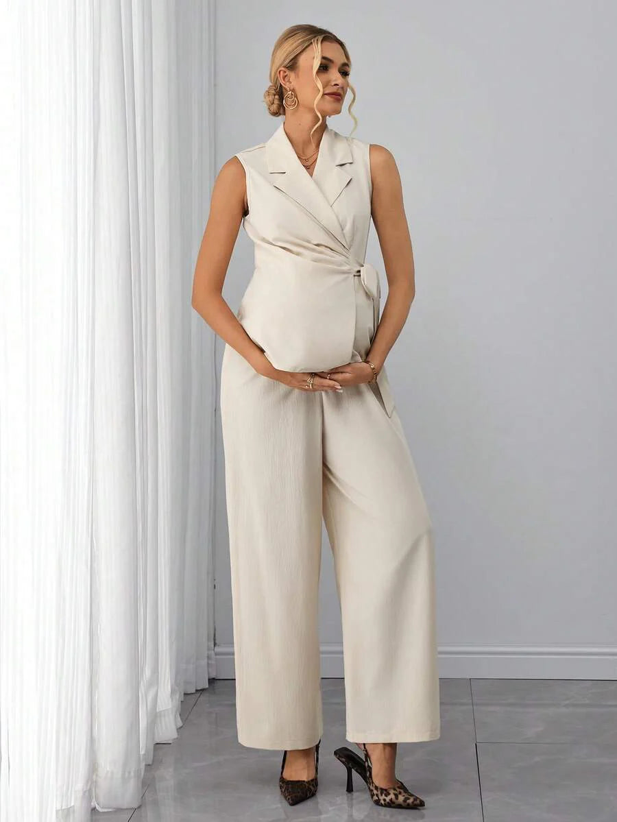 Maternity 2-Piece Set - Sleeveless Lapel Top & Jacquard Straight Pants, Belted, Apricot