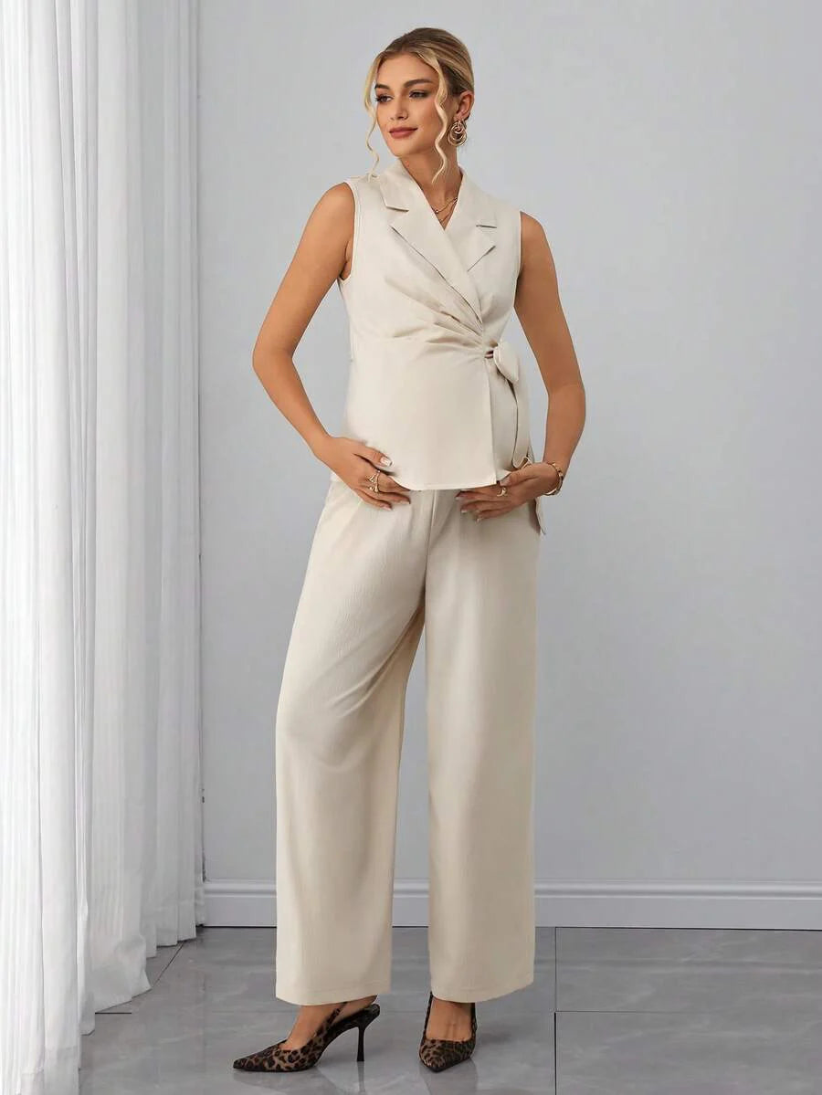 Maternity 2-Piece Set - Sleeveless Lapel Top & Jacquard Straight Pants, Belted, Apricot