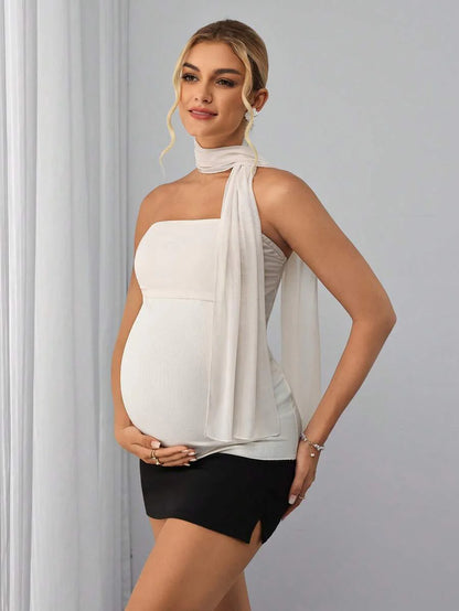 Maternity Bandeau Cami Top - Strapless, Neck Tie, Backless, Mesh, Slim Fit, Beige