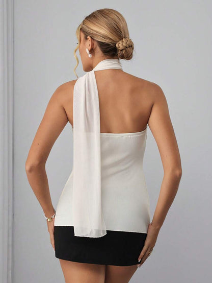 Maternity Bandeau Cami Top - Strapless, Neck Tie, Backless, Mesh, Slim Fit, Beige