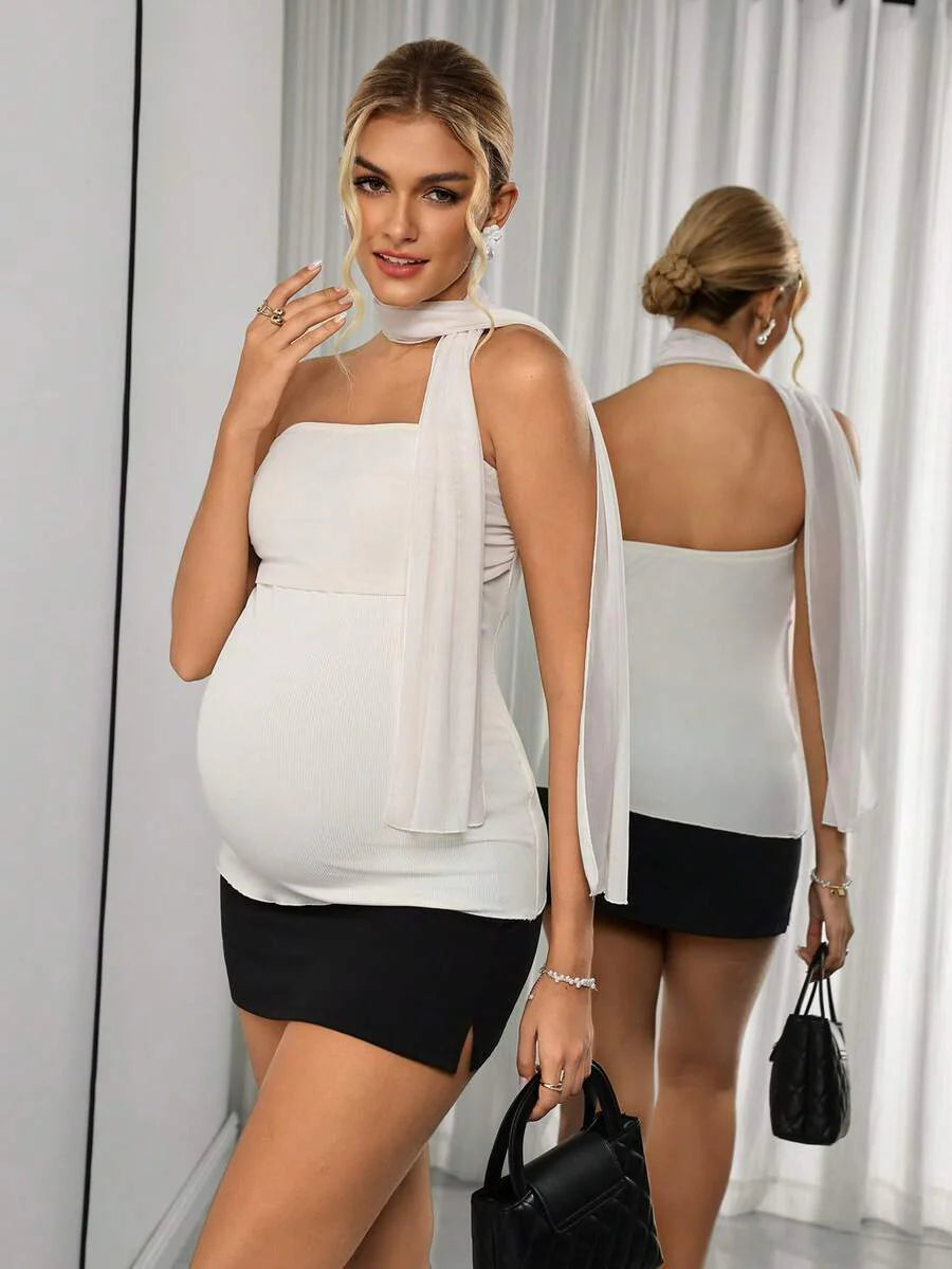 Maternity Bandeau Cami Top - Strapless, Neck Tie, Backless, Mesh, Slim Fit, Beige