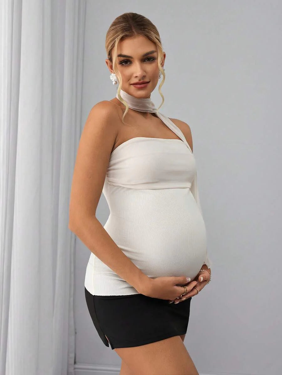 Maternity Bandeau Cami Top - Strapless, Neck Tie, Backless, Mesh, Slim Fit, Beige