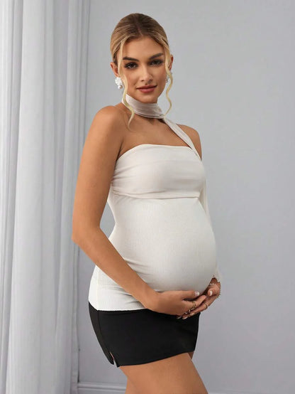 Maternity Bandeau Cami Top - Strapless, Neck Tie, Backless, Mesh, Slim Fit, Beige