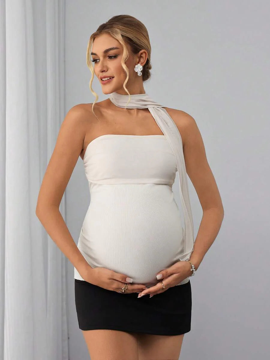 Maternity Bandeau Cami Top - Strapless, Neck Tie, Backless, Mesh, Slim Fit, Beige