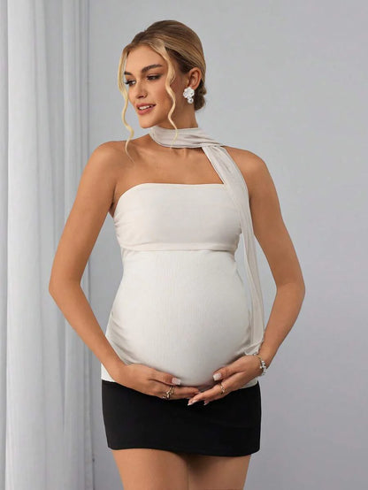 Maternity Bandeau Cami Top - Strapless, Neck Tie, Backless, Mesh, Slim Fit, Beige