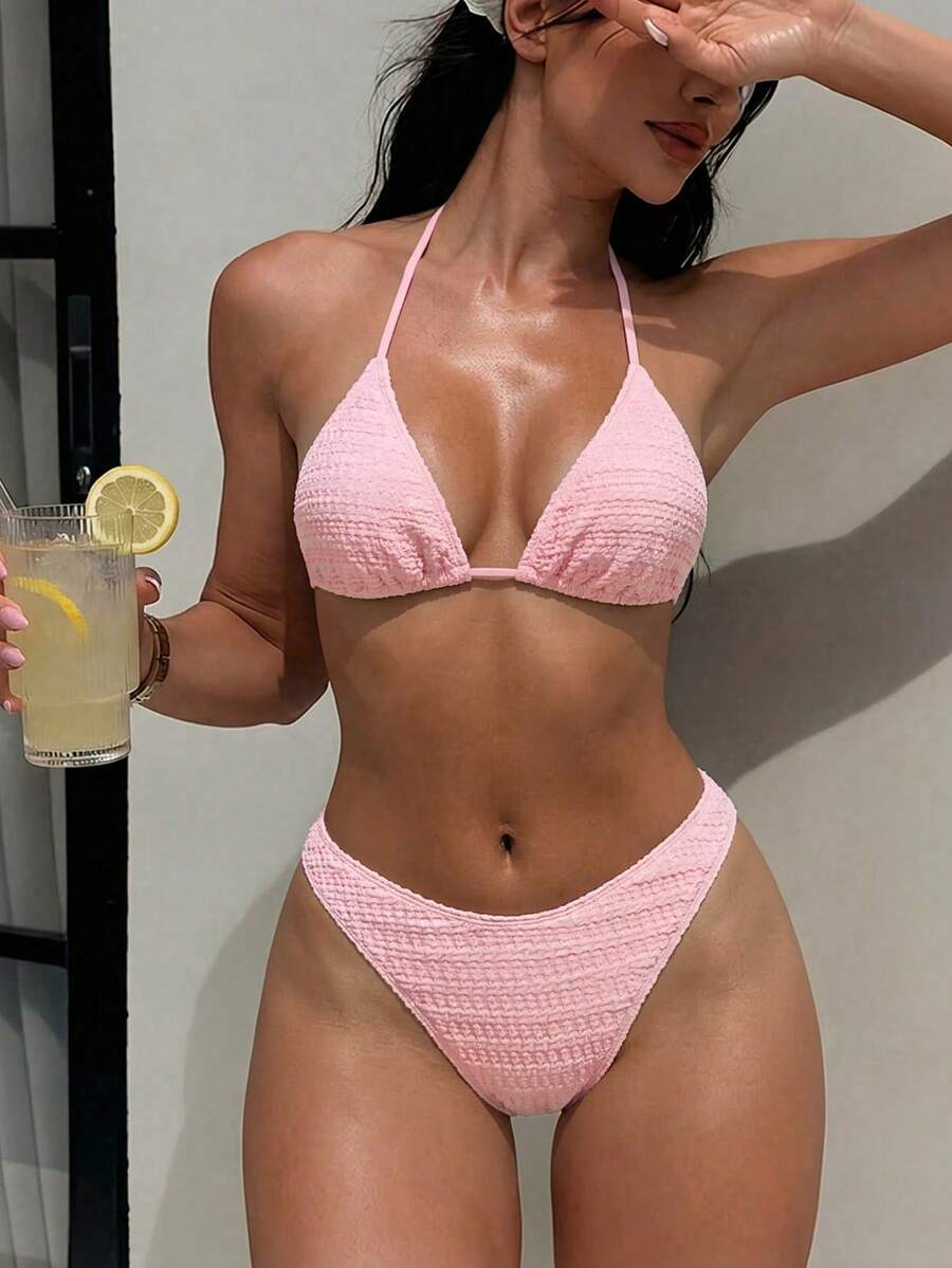 Women's Spaghetti Strap Halter Bikini Set - Tie Back, Side High Cut, Triangle Cup, White
