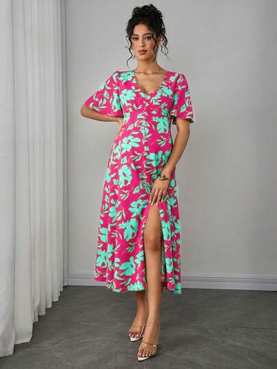 Maternity Floral A-Line Long Dress - Deep V Neck, Puff Half Sleeve, Slit Hem, Loose Fit, Hot Pink