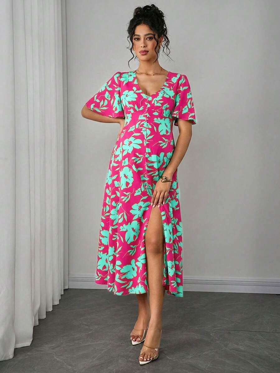 Maternity Floral A-Line Long Dress - Deep V Neck, Puff Half Sleeve, Slit Hem, Loose Fit, Hot Pink
