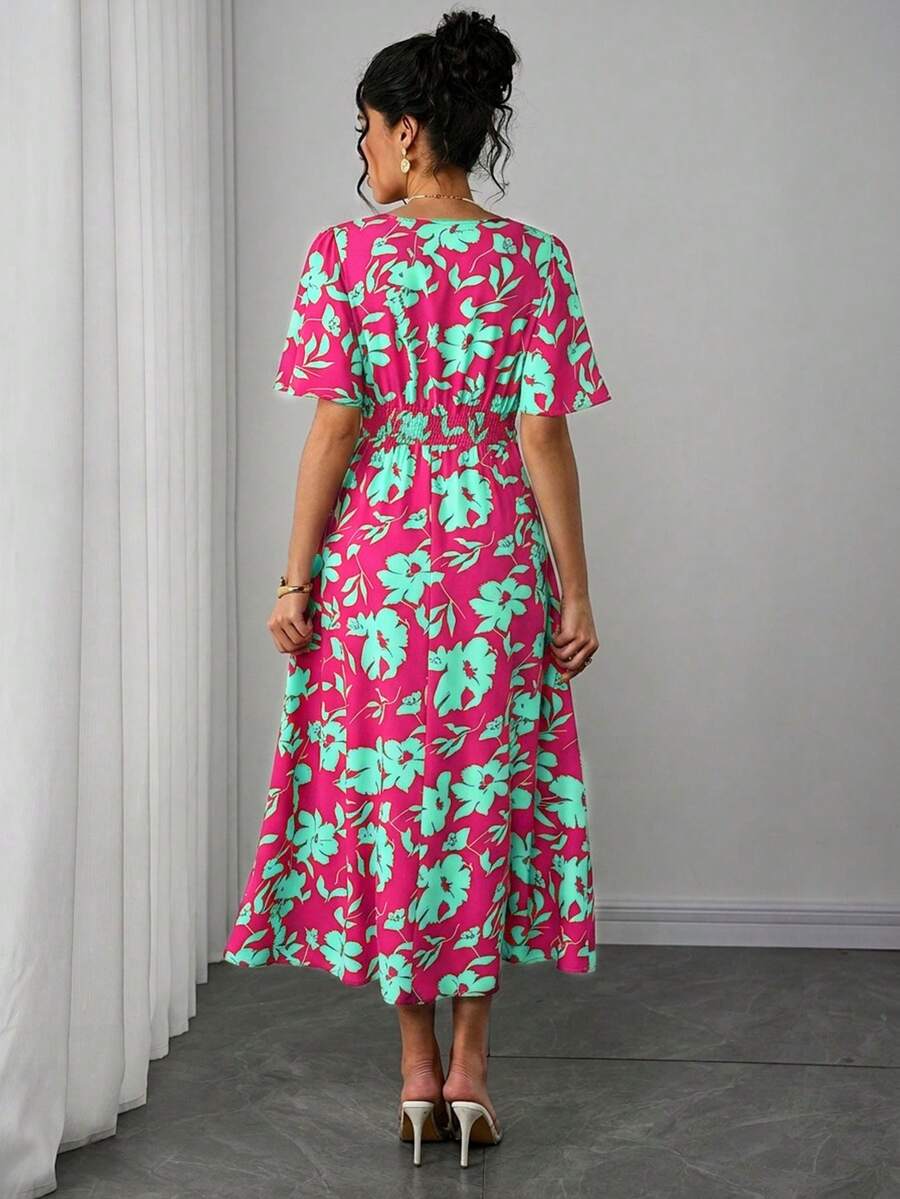 Maternity Floral A-Line Long Dress - Deep V Neck, Puff Half Sleeve, Slit Hem, Loose Fit, Hot Pink