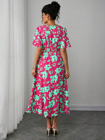Maternity Floral A-Line Long Dress - Deep V Neck, Puff Half Sleeve, Slit Hem, Loose Fit, Hot Pink