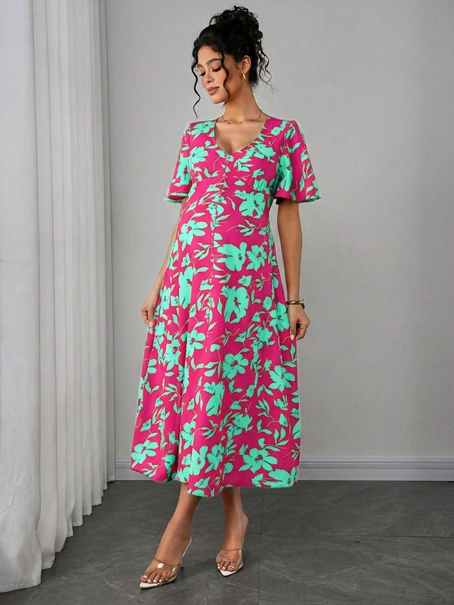 Maternity Floral A-Line Long Dress - Deep V Neck, Puff Half Sleeve, Slit Hem, Loose Fit, Hot Pink