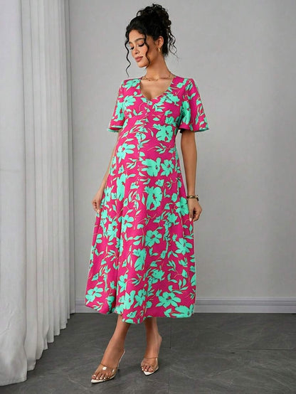 Maternity Floral A-Line Long Dress - Deep V Neck, Puff Half Sleeve, Slit Hem, Loose Fit, Hot Pink