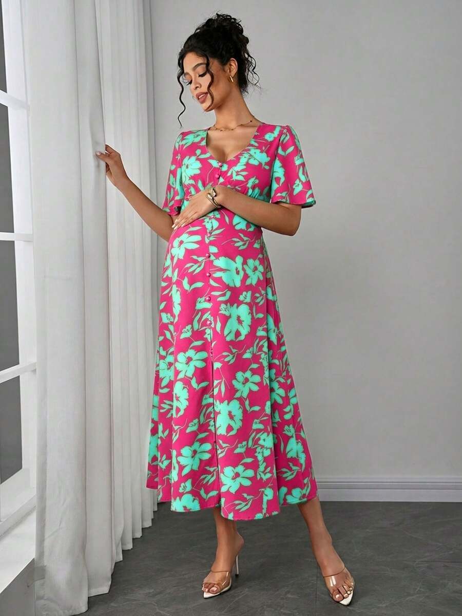 Maternity Floral A-Line Long Dress - Deep V Neck, Puff Half Sleeve, Slit Hem, Loose Fit, Hot Pink