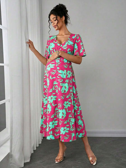 Maternity Floral A-Line Long Dress - Deep V Neck, Puff Half Sleeve, Slit Hem, Loose Fit, Hot Pink