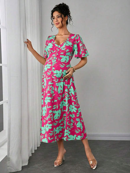 Maternity Floral A-Line Long Dress - Deep V Neck, Puff Half Sleeve, Slit Hem, Loose Fit, Hot Pink
