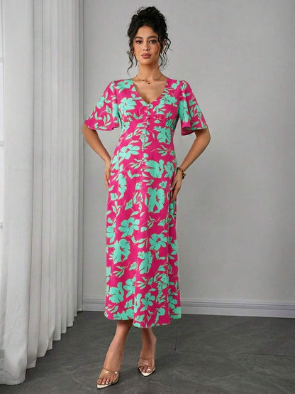 Maternity Floral A-Line Long Dress - Deep V Neck, Puff Half Sleeve, Slit Hem, Loose Fit, Hot Pink