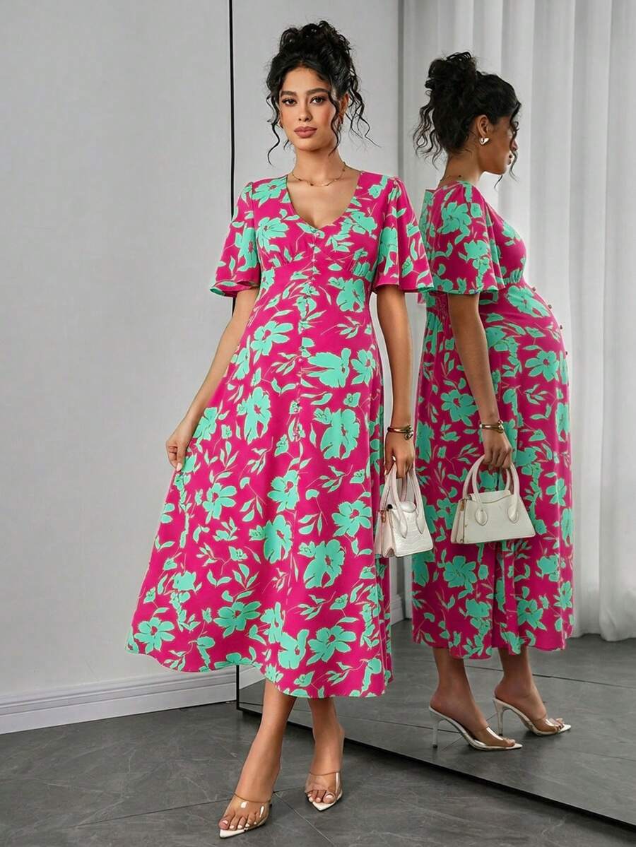 Maternity Floral A-Line Long Dress - Deep V Neck, Puff Half Sleeve, Slit Hem, Loose Fit, Hot Pink