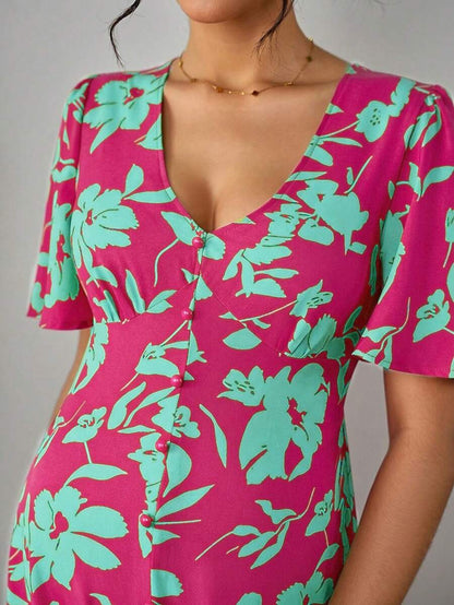 Maternity Floral A-Line Long Dress - Deep V Neck, Puff Half Sleeve, Slit Hem, Loose Fit, Hot Pink