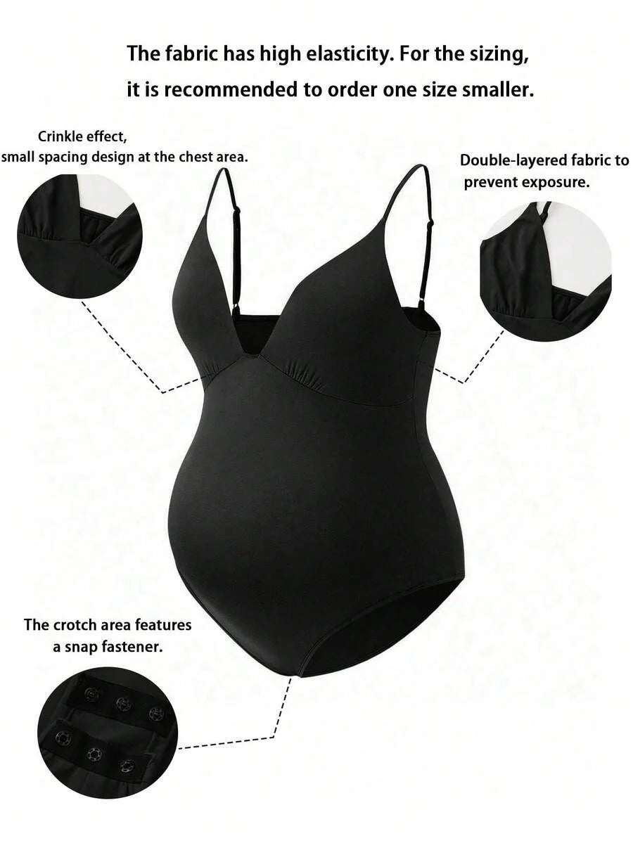 Elegant Black Deep V Neck Sleeveless Bodysuit, High Stretch Slim Fit Office Layering Top, Chic Plain Maternity Friendly Bodysuit