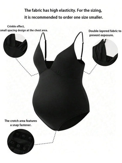 Elegant Black Deep V Neck Sleeveless Bodysuit, High Stretch Slim Fit Office Layering Top, Chic Plain Maternity Friendly Bodysuit
