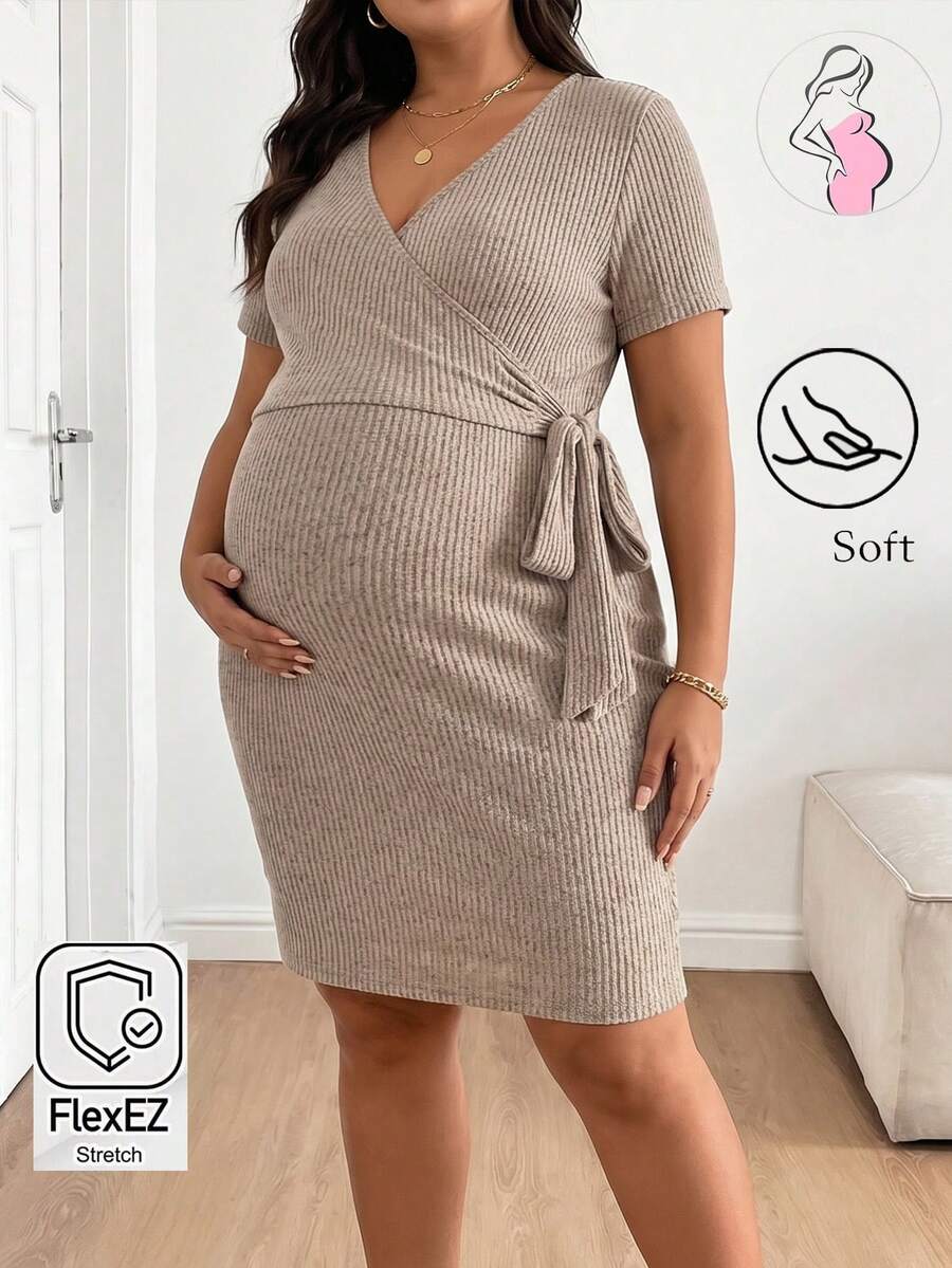 Women's Plus Size Ribbed Knit Maternity Dress - Summer Tie Wrap Nursing Dress