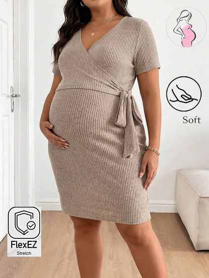 Women's Plus Size Ribbed Knit Maternity Dress - Summer Tie Wrap Nursing Dress