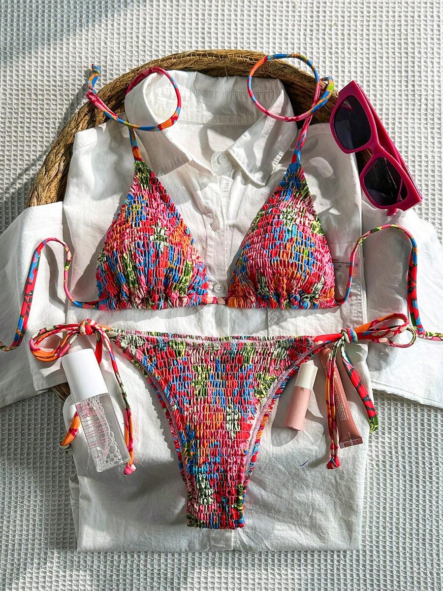 Women's 2-Piece Leopard Print Bikini Set - Ruffled Halter Strap, High Waist, Multicolor