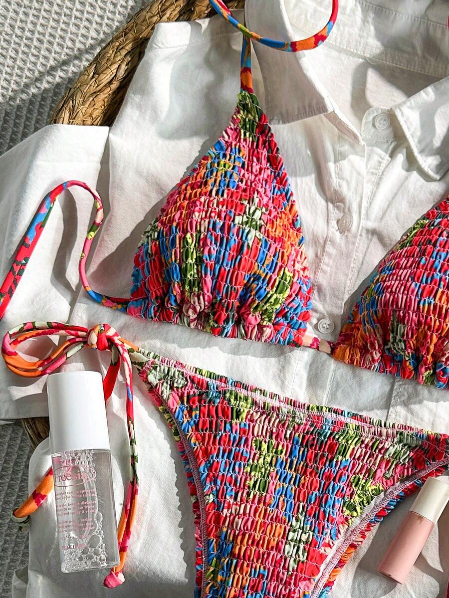 Swim Vcay Women's Ruched Tropical Print Halter Neck Tied Swimsuit And Bikini Set, Summer Beach Vacation