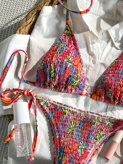 Swim Vcay Women's Ruched Tropical Print Halter Neck Tied Swimsuit And Bikini Set, Summer Beach Vacation