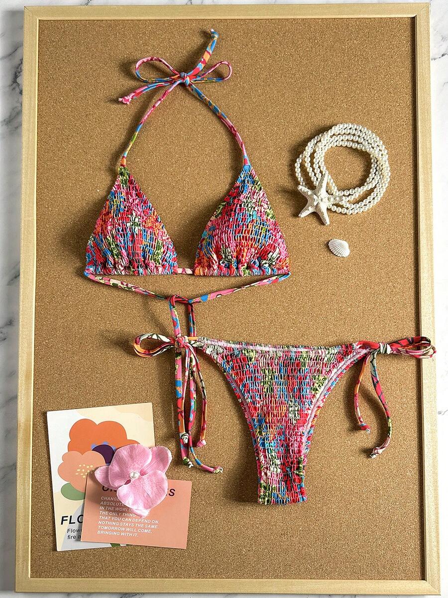 Swim Vcay Women's Ruched Tropical Print Halter Neck Tied Swimsuit And Bikini Set, Summer Beach Vacation