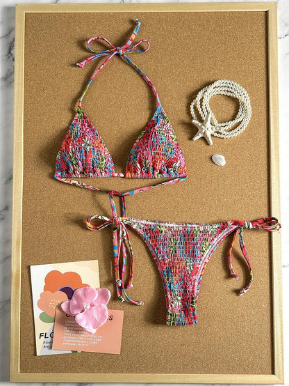 Swim Vcay Women's Ruched Tropical Print Halter Neck Tied Swimsuit And Bikini Set, Summer Beach Vacation