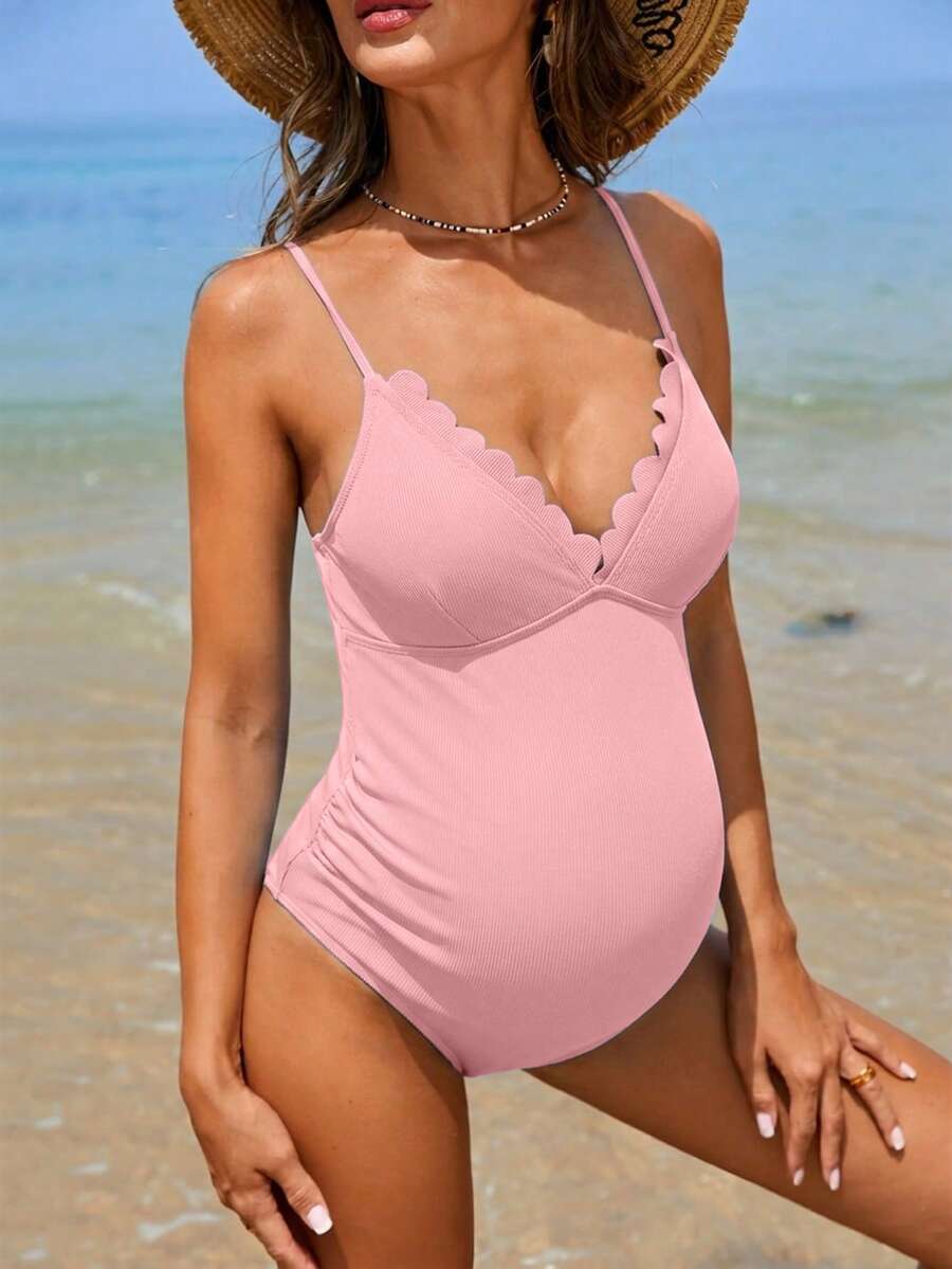 Maternity One-Piece Swimsuit - Solid Color Ruched Adjustable Straps Beach Vacation