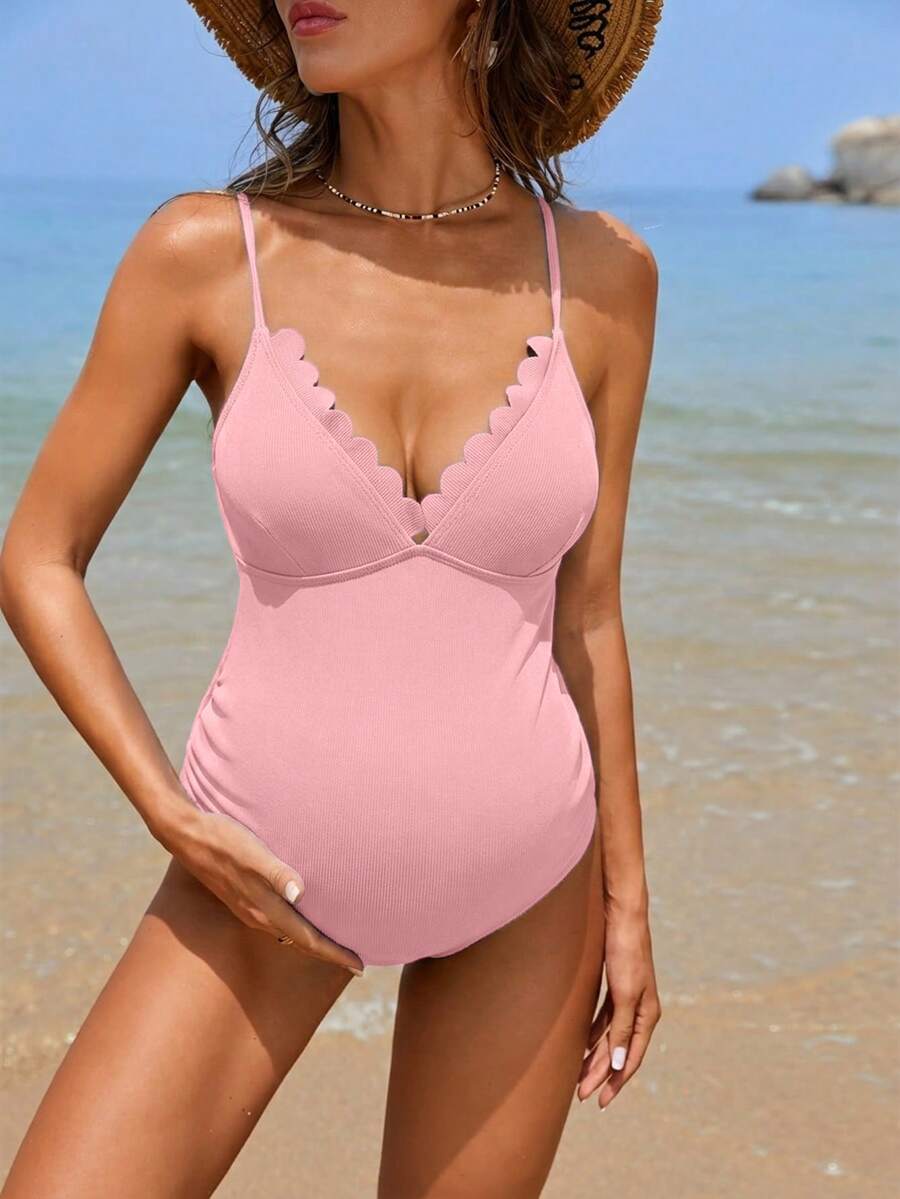 Maternity One-Piece Swimsuit - Spaghetti Strap, Ruched, Cut Out, High Stretch, Padding, Baby Pink