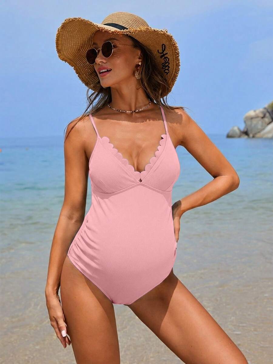Maternity One-Piece Swimsuit - Solid Color Ruched Adjustable Straps Beach Vacation