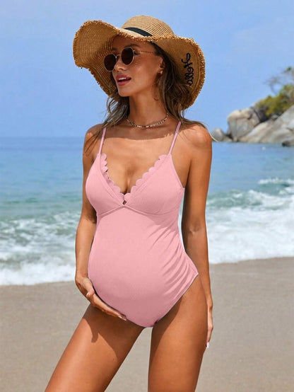 Maternity One-Piece Swimsuit - Solid Color Ruched Adjustable Straps Beach Vacation