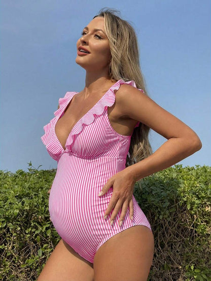Classic Blue & White Striped Elegant Romantic V-Neck One-Piece Swimsuit For Pregnant Women